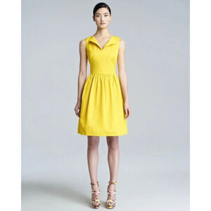 Lela Rose Yellow Split-Neck A-Line Dress $950